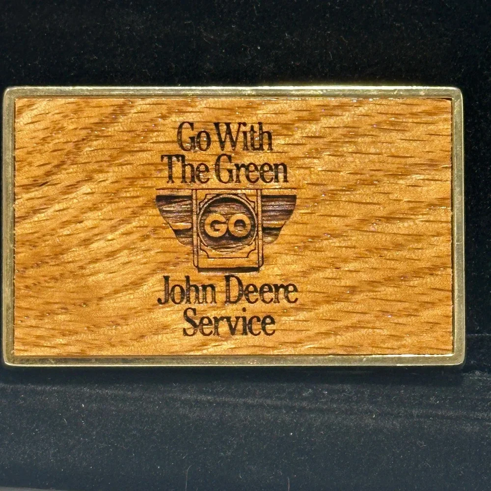 Vintage 1986 John Deere Go With The Green Service Wood Advertising Belt Buckle